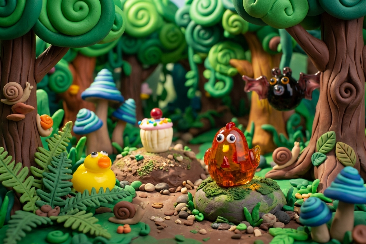 Colorful forest scene with cartoonish glass animal characters